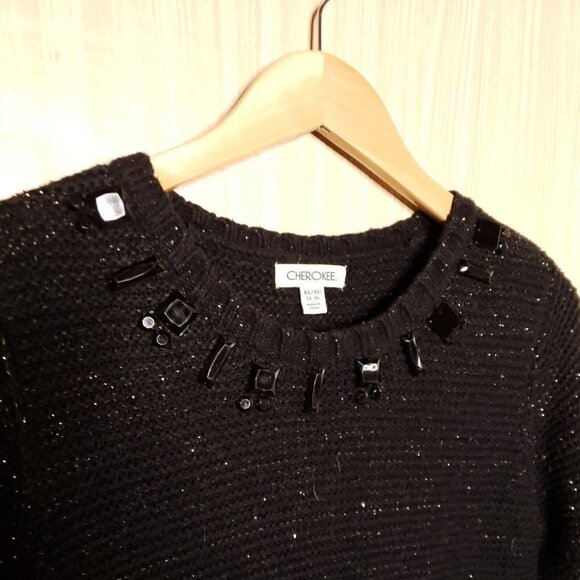 Cherokee Kids Black Silver Sparkle Sweater Dress Jewel Neckline 14-16 - Picture 3 of 7